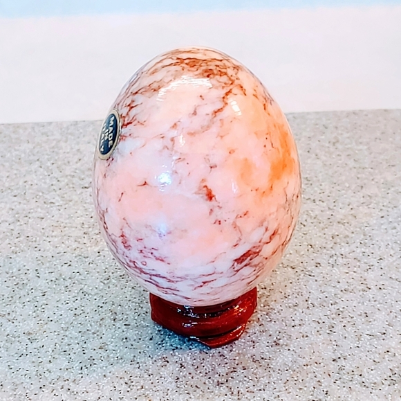 ITALIAN MARBLE PEACH & BROWN TIGER STRIPED EGG 1960s ITALY MADE WITH WOOD STAND - Picture 2 of 7